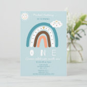 Blauer Regenbogen Erster Geburtstag Einladung (Stehend Vorderseite)