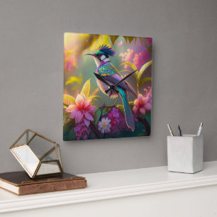 Blauer Regenbogen Winged Sunbird Fantasy Bird Quadratische Wanduhr