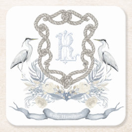 Blauer Reiher Seil Monogramm Wappen Rechteckiger Pappuntersetzer