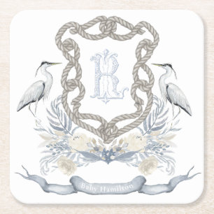 Blauer Reiher Seil Monogramm Wappen Rechteckiger Pappuntersetzer