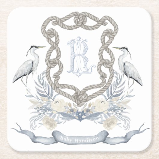 Blauer Reiher Seil Monogramm Wappen Rechteckiger Pappuntersetzer (Vorderseite)