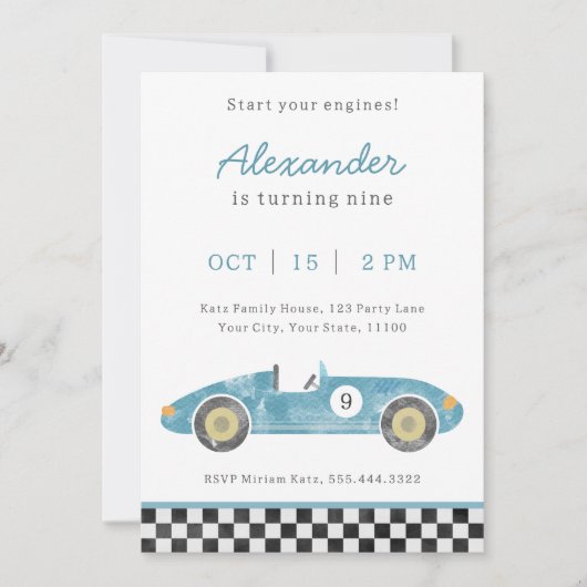 Blauer Rennwagen - Einladung (Vorderseite)