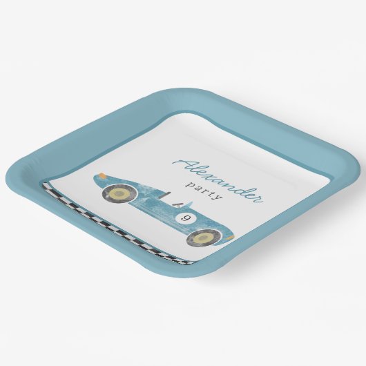 Blauer Rennwagen - Einladung Pappteller (Gewinkelt)