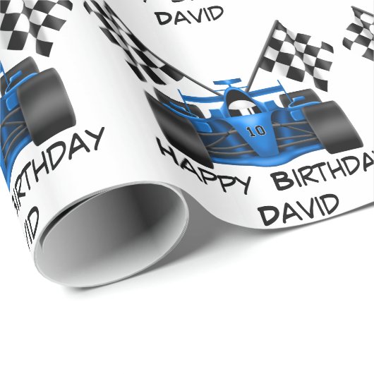 Blauer Rennwagen Geschenkpapier (Rolleneckpunkt)