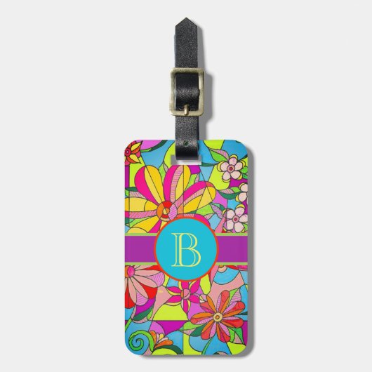 Blauer Retro Blumen-Gepäck-Umbau Gepäckanhänger (Vorderseite vertikal)