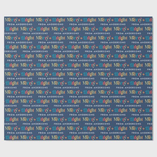 Blauer Retro farbenfrohe Merry & Bright Name Weihn Geschenkpapier (Flach)