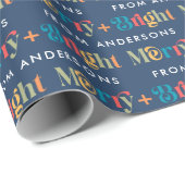 Blauer Retro farbenfrohe Merry & Bright Name Weihn Geschenkpapier (Rolleneckpunkt)
