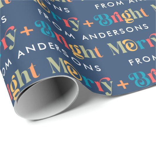 Blauer Retro farbenfrohe Merry & Bright Name Weihn Geschenkpapier (Rolleneckpunkt)