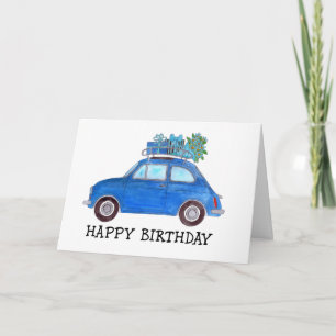 Blauer Retro Fiat 500 Geburtstag Karte