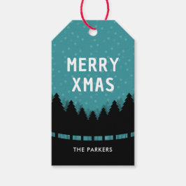 Blauer Retro Merry Xmas mit Kiefern und Schnee Geschenkanhänger