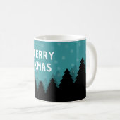 Blauer Retro Merry Xmas mit Kiefern und Schnee Kaffeetasse (VorderseiteRechts)