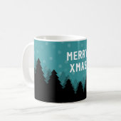 Blauer Retro Merry Xmas mit Kiefern und Schnee Kaffeetasse (Vorderseite Links)