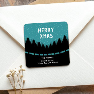 Blauer Retro Merry Xmas mit Kiefern und Schnee Quadratischer Aufkleber