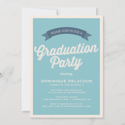 Blauer Retro Typografy Graduation Party Einladung (Vorderseite)