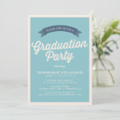 Blauer Retro Typografy Graduation Party Einladung (Stehend Vorderseite)