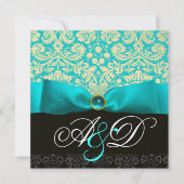 BLAUER RIBBON TURQUOISCH WHITE BLACK DAMASK MONOGR EINLADUNG (Vorderseite)
