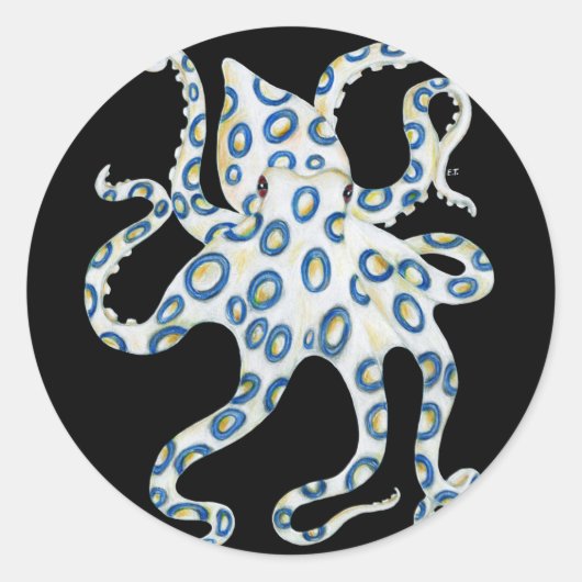 Blauer Ring Octopus Schwarze Tentakeln Runder Aufkleber (Vorderseite)