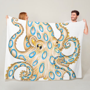 Blauer Ring Oktopus auf Weiß Tinte Fleecedecke
