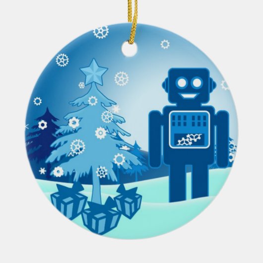 Blauer Roboter Chritsmas Keramikornament (Vorne)