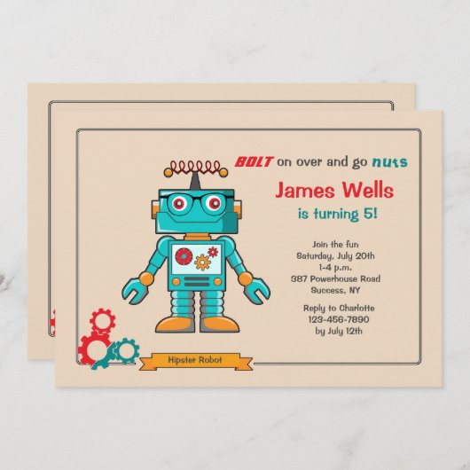 Blauer Roboter Einladung (Vorne/Hinten)