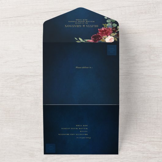 Blauer Rock Burgund Gold Botanische Hochzeit All In One Einladung (Außenbereich)