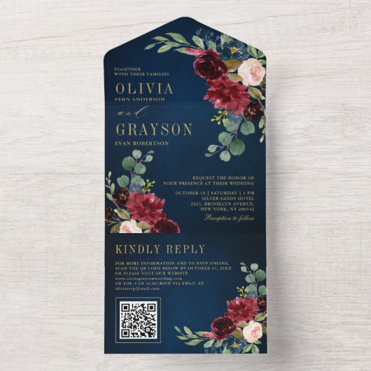 Blauer Rock Burgund Gold Botanische Hochzeit All In One Einladung (Innen Boden)