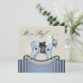 Blauer Rocking Horse Kinderdusche Einladung (Stehend Vorderseite)