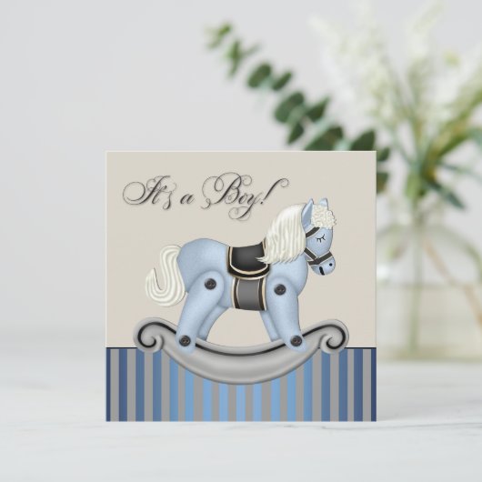 Blauer Rocking Horse Kinderdusche Einladung (Stehend Vorderseite)