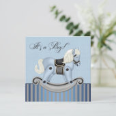Blauer Rocking Horse Kinderdusche Einladung (Stehend Vorderseite)