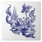 Blauer Rokoko Barock Rocaille Swan Pair Fliese (Vorderseite)