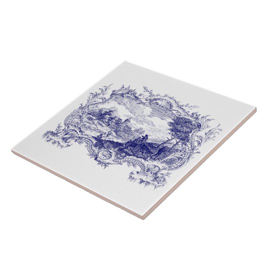 Blauer Rokoko Cartouche Burg Fliese (Seite)