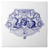 Blauer Rokoko Dolphin Cartouche Fliese (Vorderseite)