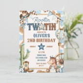 Blauer Rootin Zwei-Tin Zweiter Geburtstag Einladung (Stehend Vorderseite)