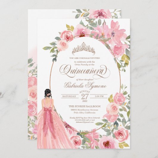 Blauer Rosa Aquarellfarben Quinceanera Einladung (Vorne/Hinten)