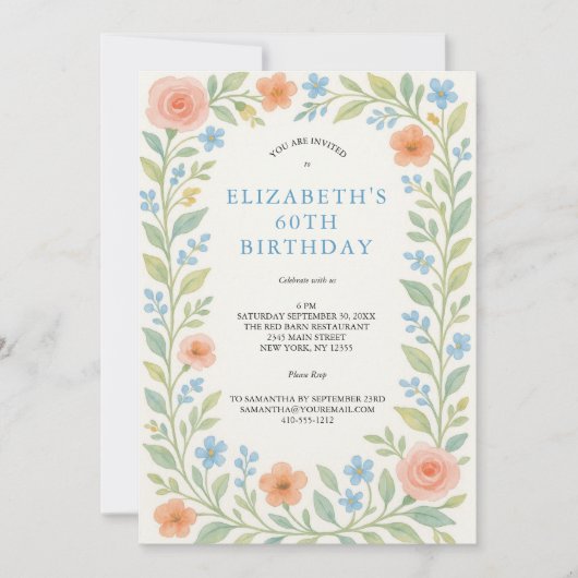 Blauer Rosa Blauer Wasserfarben 60. Einladung (Vorderseite)