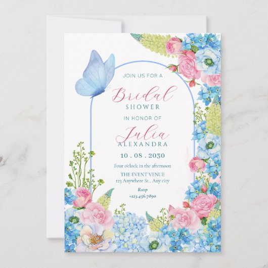 Blauer Rosa Blume Blüte Schmetterling Brautparty Einladung (Vorderseite)