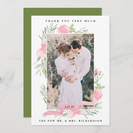 Blauer Rosa Blume| Hochzeit Foto Vielen Dank Dankeskarte (Vorne/Hinten)