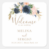 Blauer Rosa Blume Hochzeitsempfang Quadratischer Aufkleber (Vorderseite)