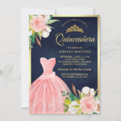 Blauer Rosa Blumengow Navy Blue Gold Quinceanera Einladung (Vorderseite)