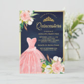 Blauer Rosa Blumengow Navy Blue Gold Quinceanera Einladung (Stehend Vorderseite)