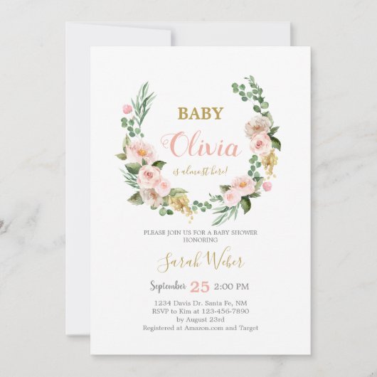 Blauer Rosa Blumenkraut Mädchen Dusche Einladung (Vorderseite)