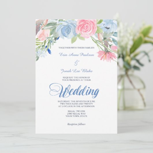 Blauer Rosa Blumenzwiebeln Einladung (Stehend Vorderseite)