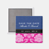 Blauer rosa Damast-Save the Date Magnet (Vorderseite/Rückseite)