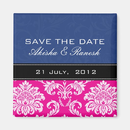 Blauer rosa Damast-Save the Date Magnet (Vorne)
