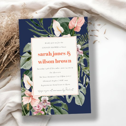 Blauer Rosa Dusche für tropische Blumenpaare Einladung