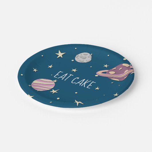 Blauer Rosa Eis Cake Space Gelbe Sterne Pappteller (Schrägansicht)