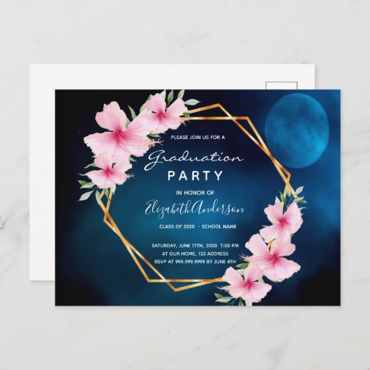 Blauer Rosa Flora Abschlussfeier Einladung Postkarte (Vorne/Hinten)