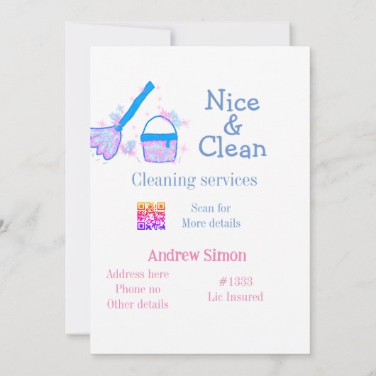 Blauer rosa Glitzer sauberer Mopp Name q r b Einladung (Rückseite)