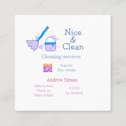 Blauer rosa Glitzer sauberer Mopp Name q r b Quadratische Visitenkarte (Rückseite)