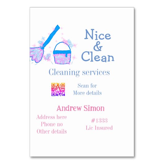 Blauer rosa Glitzer sauberer Mopp Name q r b Tischnummer (Rückseite)